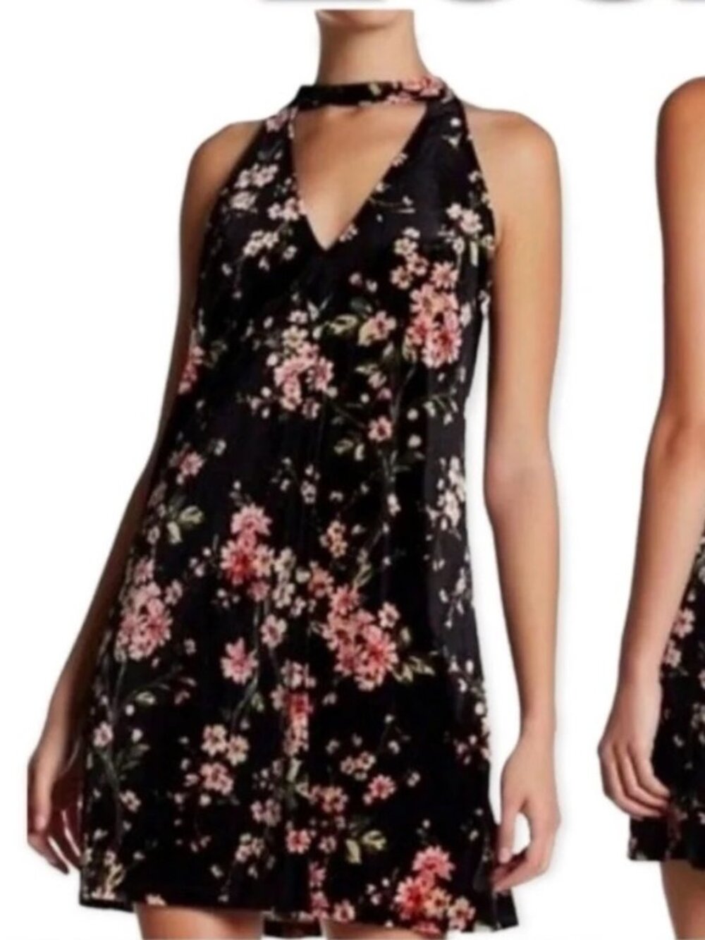 Lush Black Velvet Floral Halter Dress